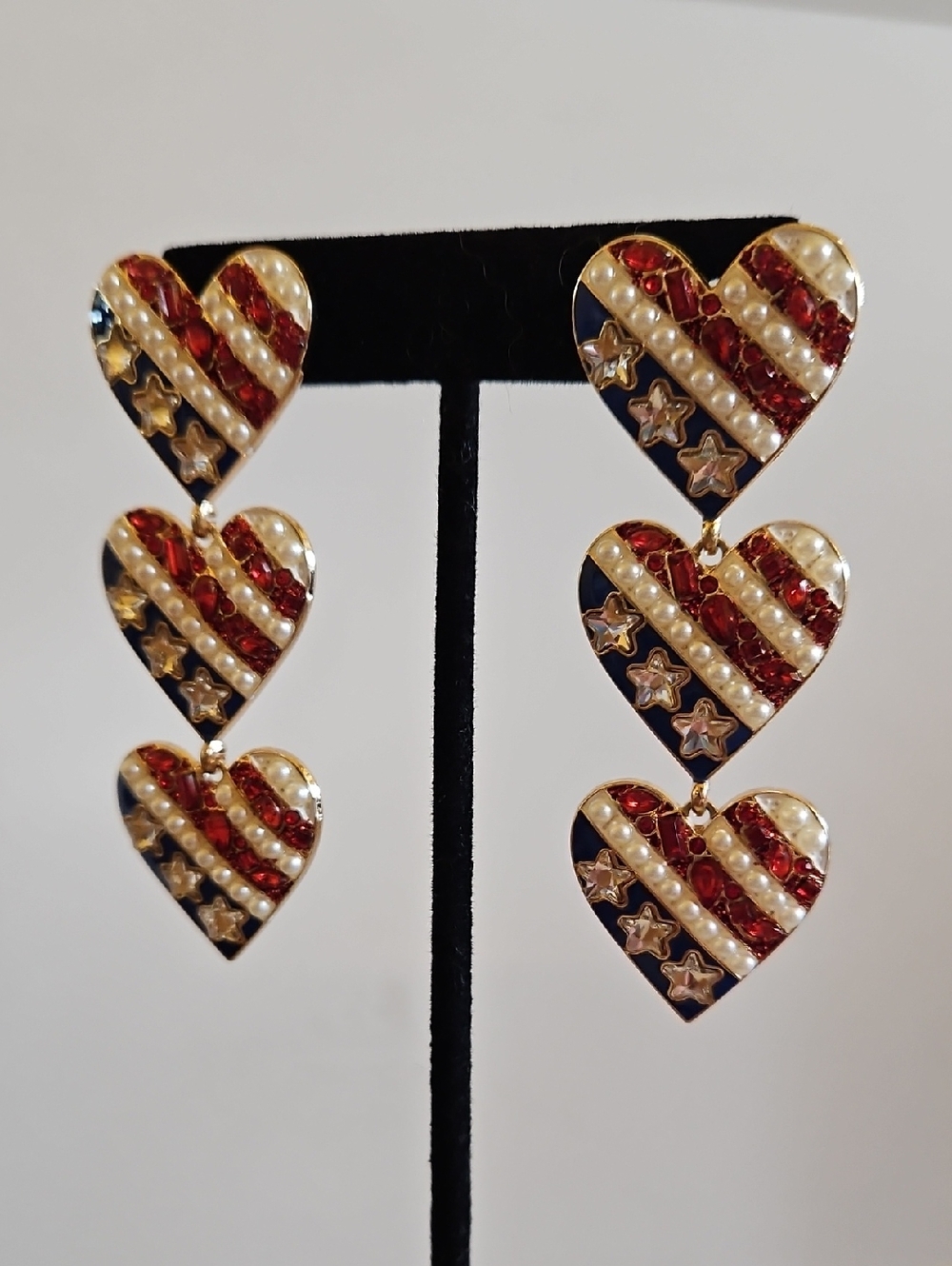 Patriotic Heart Drop Earrings in Red White & Blue Rhinestones Faux Pearls